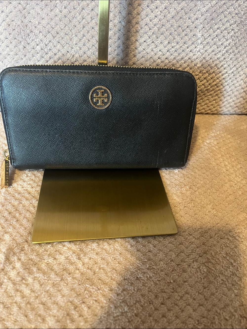 Tory Burch Black Zip-Around Saffiano Card Holder Wallet